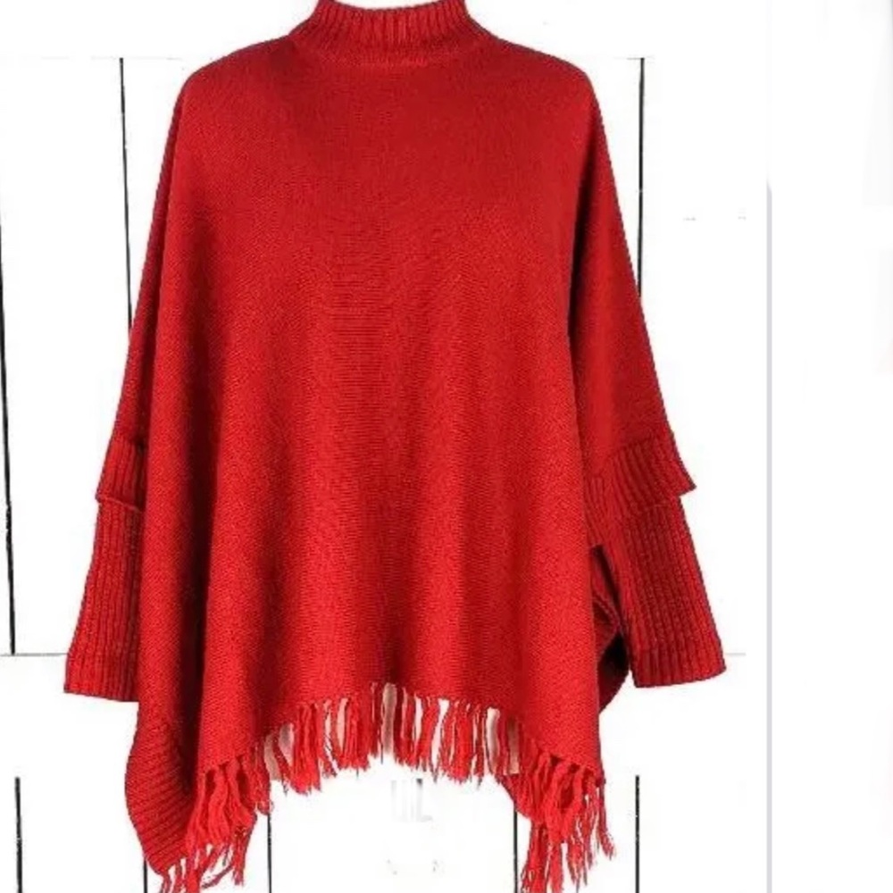 Revue Red Wool Blend Sweater Poncho Cape
